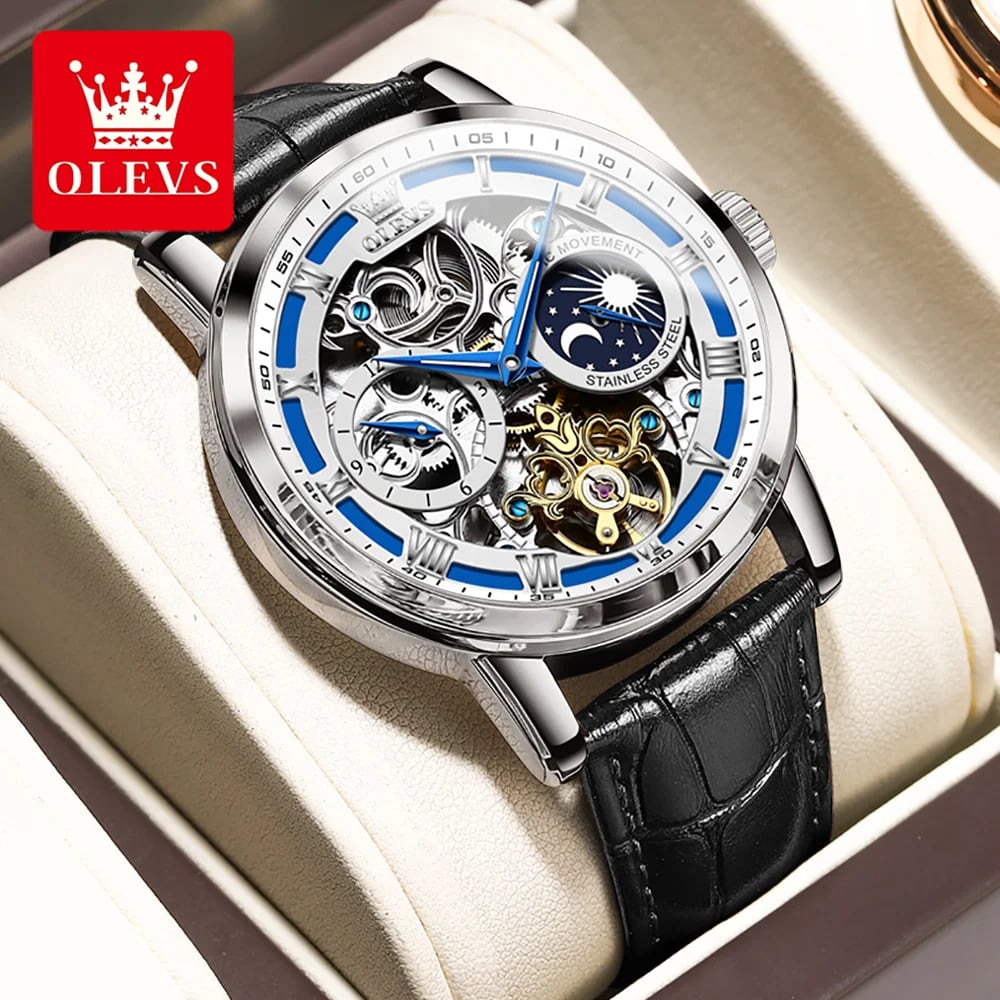 OLEVS Men Moon Phase Skeleton Mechanical Watch